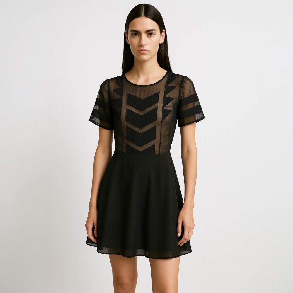 MinkPink Black Zephyr Chevron Embroidered Short Sleeve Sheer A-Line Mini Dress S